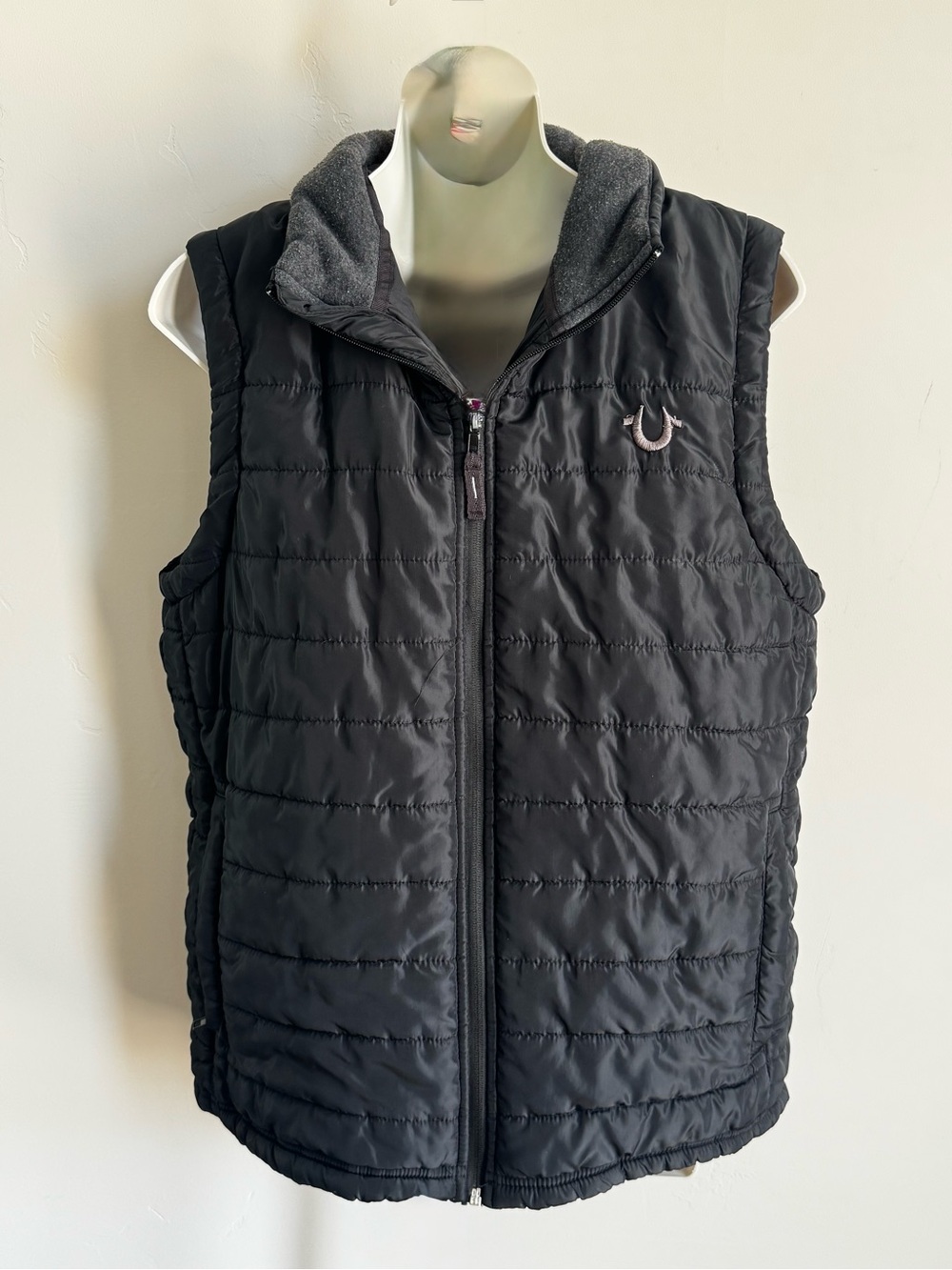 True Religion Black Quilted Puffer Vest with Gray Hood Lining